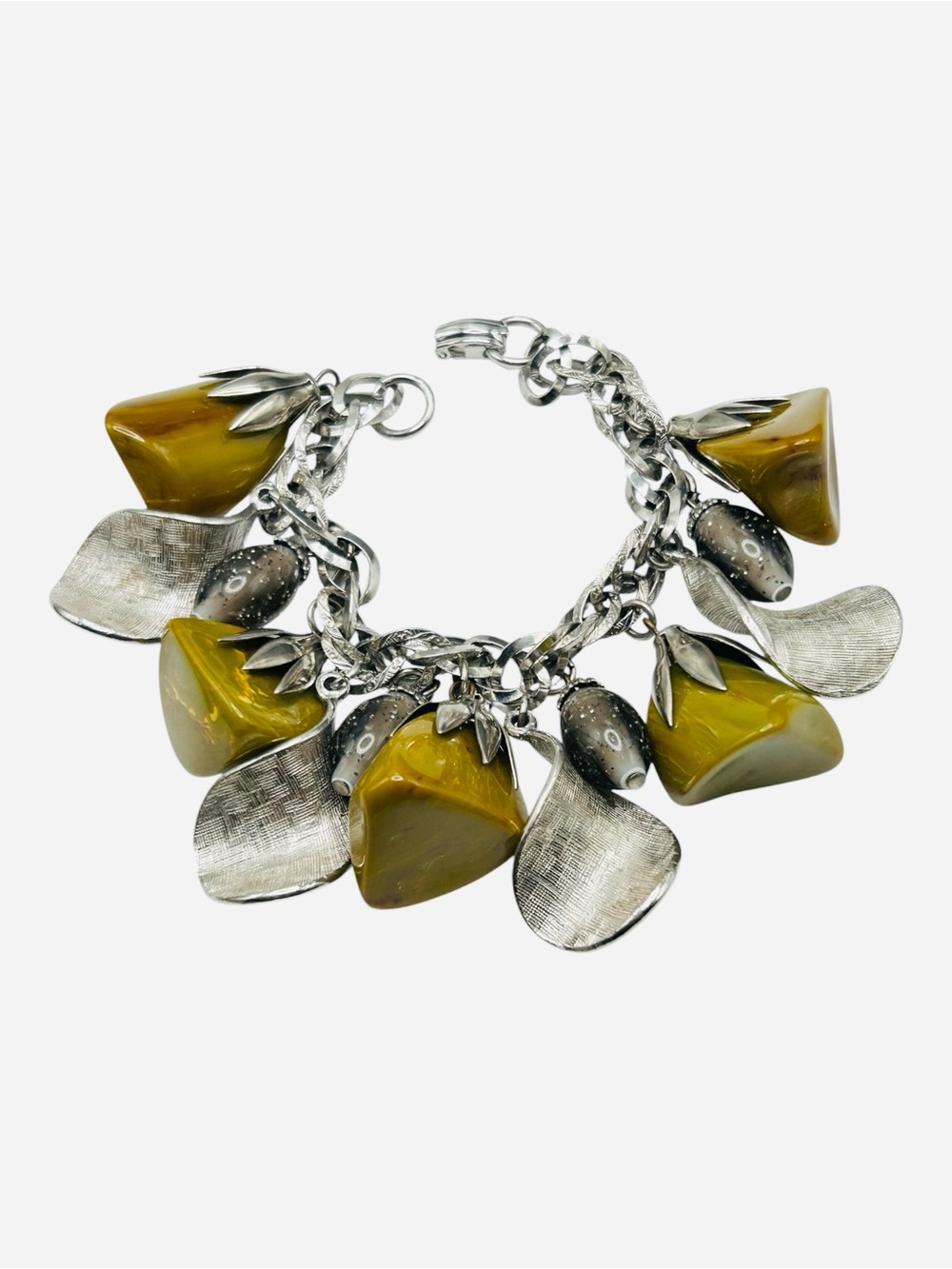 Vintage MCM Olive Bakelite Chunky Dangle Charm Bracelet